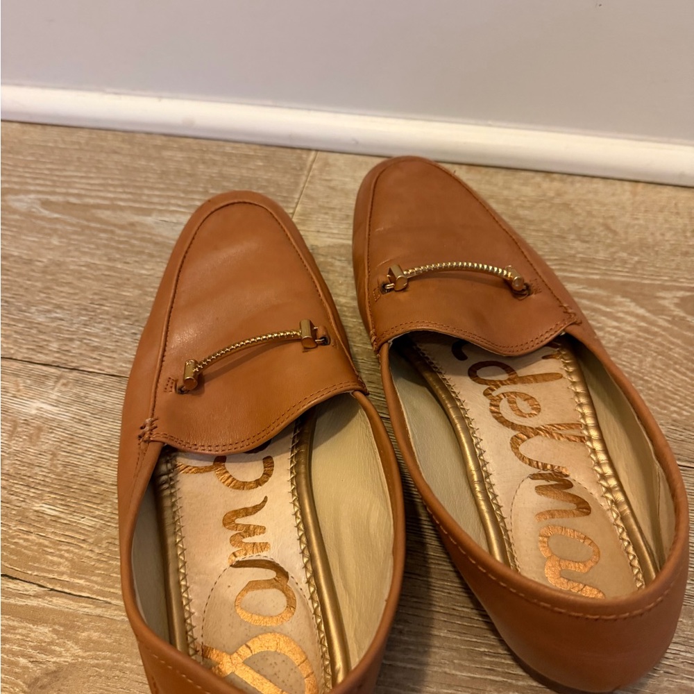 Sam Edelman Tan Leather Slip-On Loafers with Gold Accent